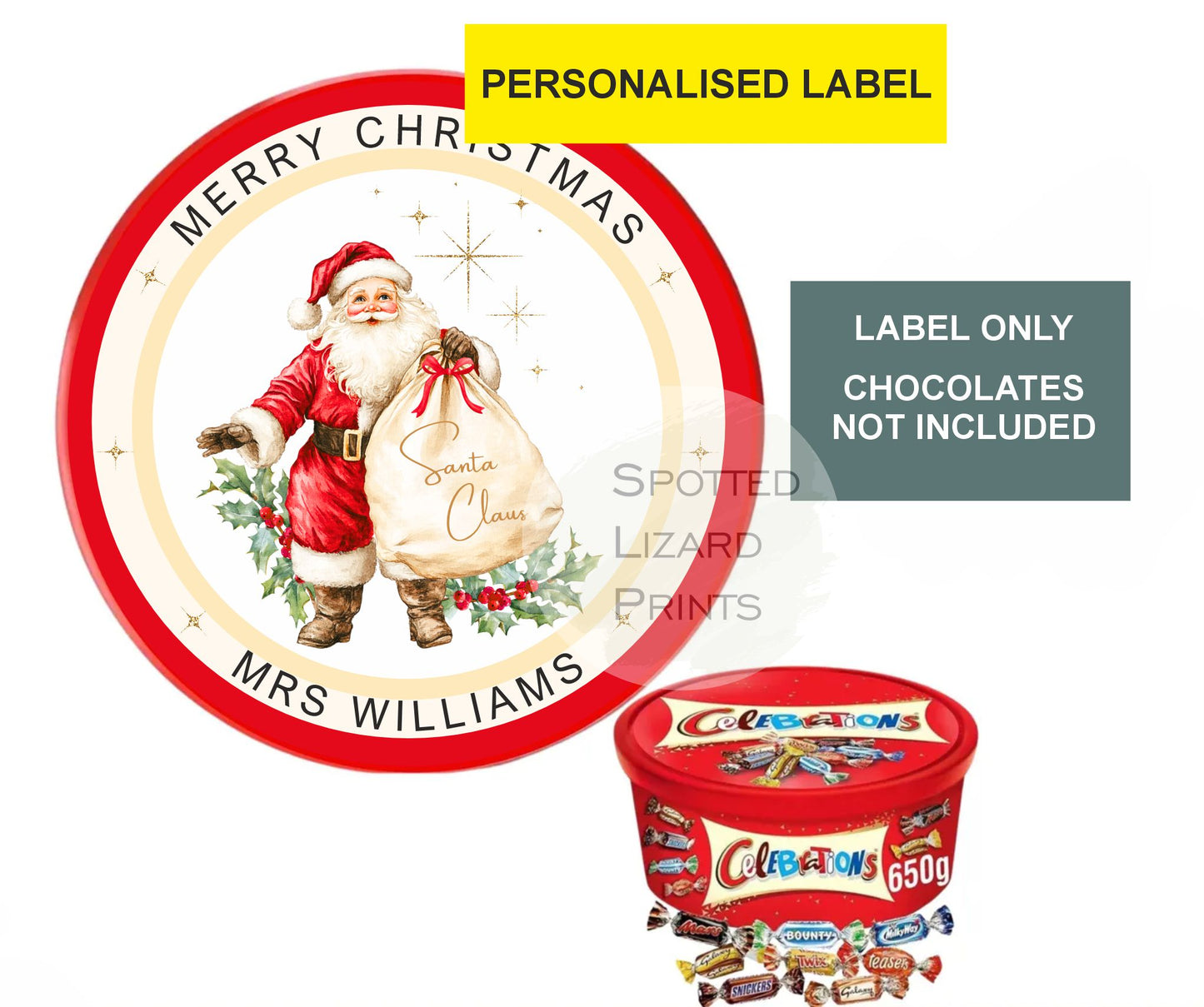 Personalised Christmas Chocolate Tub Labels, Merry Christmas Stickers