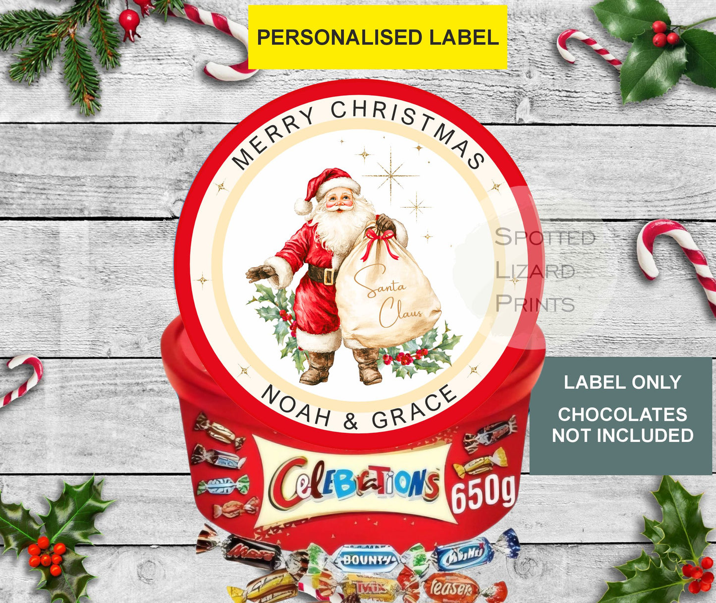 Personalised Christmas Chocolate Tub Labels, Merry Christmas Stickers