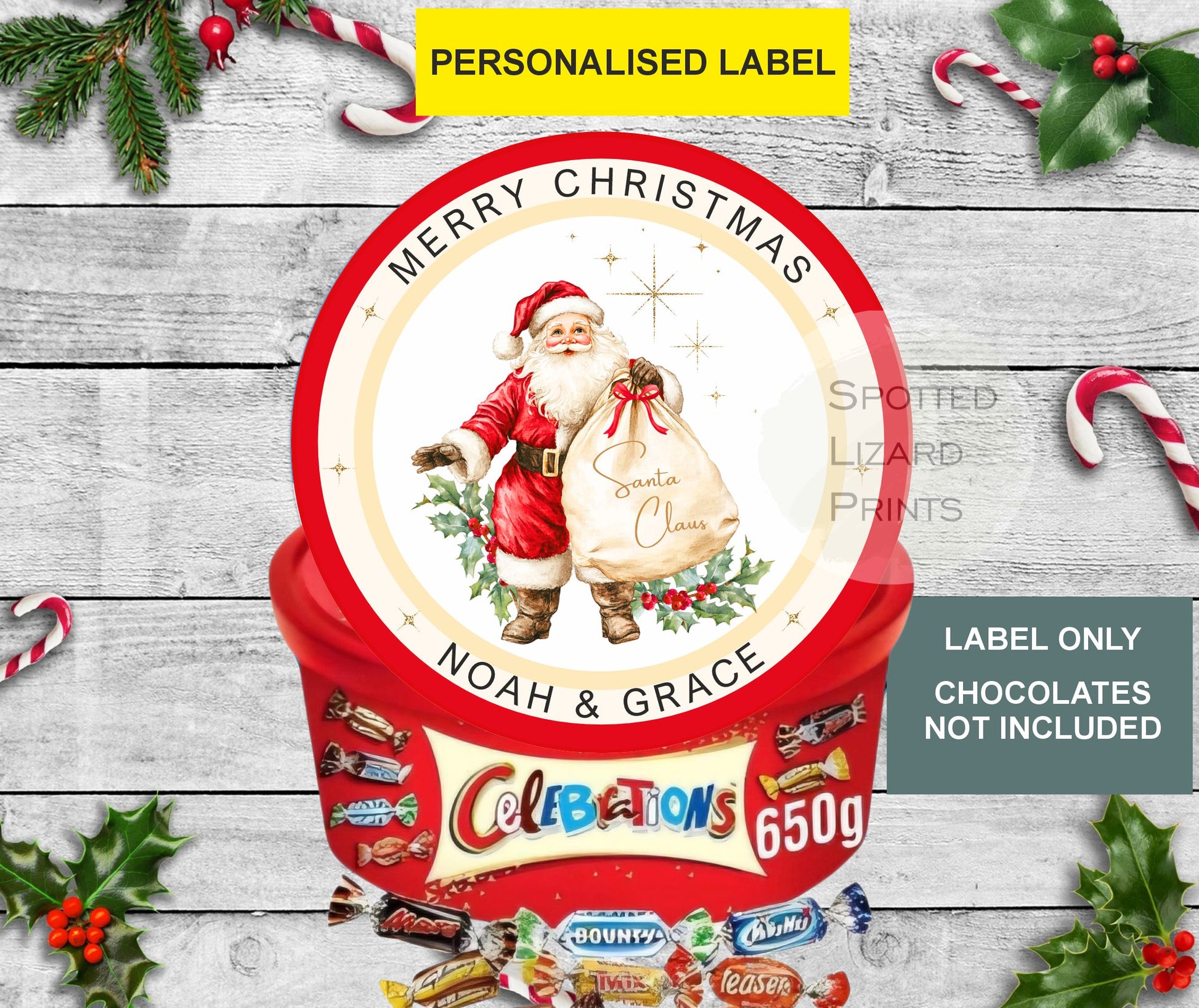 Personalised Christmas Chocolate Tub Labels, Merry Christmas Stickers