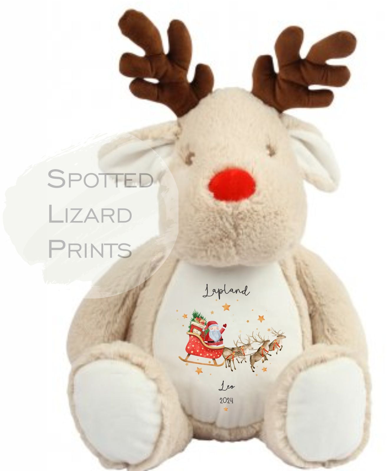 Cute personalised Reindeer soft toy.