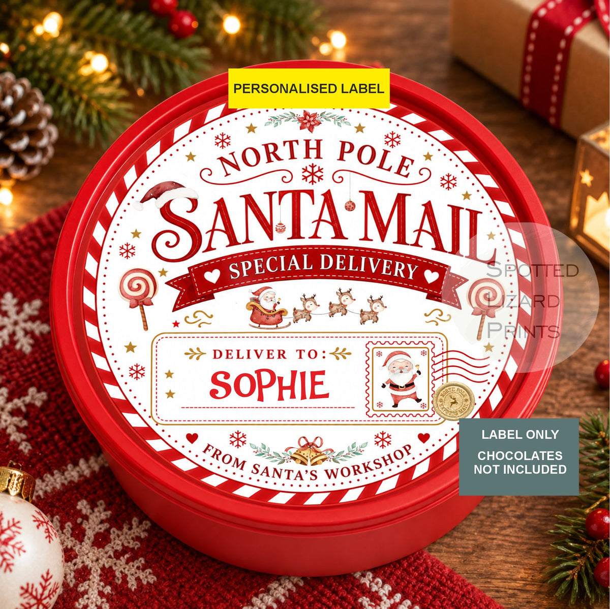 Personalised Christmas Chocolate Tub Sticker, Santa Mail Treat Tub Label, Christmas Eve Sweet Sticker, Kids Xmas Gift
