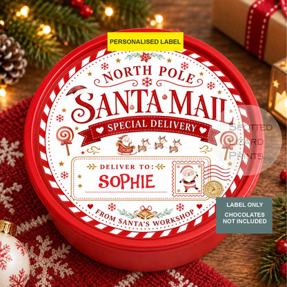 Personalised Christmas Chocolate Tub Sticker, Santa Mail Treat Tub Label, Christmas Eve Sweet Sticker, Kids Xmas Gift