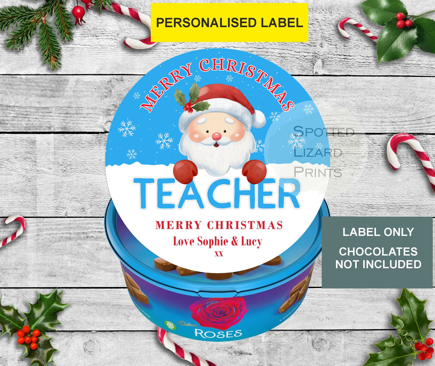 Personalised Christmas Chocolate Tub Labels, Teacher Merry Christmas Stickers