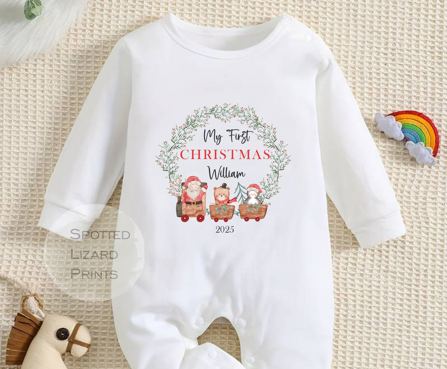 Personalised First Christmas Baby outfit- My First Christmas Sleepsuit or Vest - 1st Xmas Santa Train