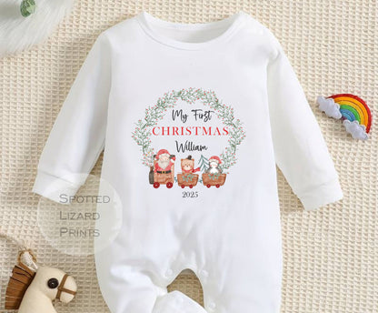 Personalised First Christmas Baby outfit- My First Christmas Sleepsuit or Vest - 1st Xmas Santa Train