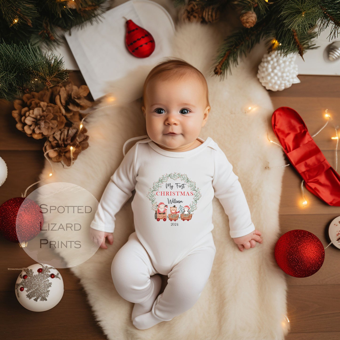 My first Christmas personalised Baby romper with wreath