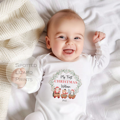 Personalised First Christmas Baby outfit- My First Christmas Sleepsuit or Vest - 1st Xmas Santa Train