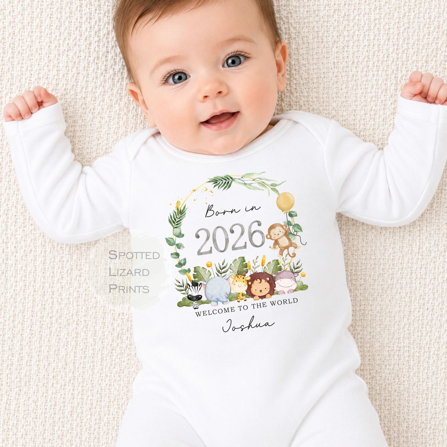 Personalised Born in 2026 Baby Outfit, Coming Home - New baby arrival outfit, Baby Shower Gift - Safari