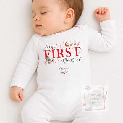 Personalised First Christmas Baby Outfit- My First Christmas Sleepsuit or Vest - 1st Xmas Cute Santa - Personalised baby Gift