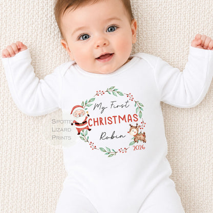 Personalised First Christmas Baby Outfit- My First Christmas Sleepsuit or Vest - 1st Xmas Cute Santa, First Christmas Pyjamas