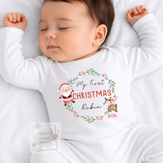 Personalised First Christmas Baby Outfit- My First Christmas Sleepsuit or Vest - 1st Xmas Cute Santa, First Christmas Pyjamas