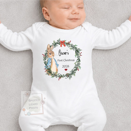Personalised Peter Rabbit 1st Christmas Baby Outfit - Baby Sleepsuit or Vest - My First Christmas