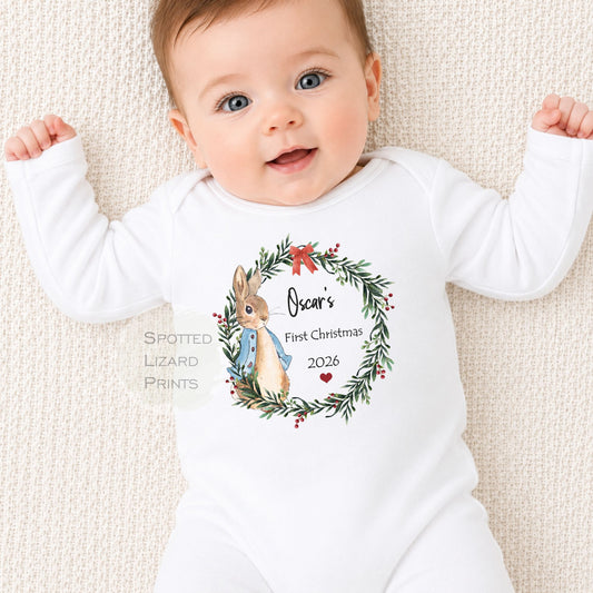 Personalised Peter Rabbit 1st Christmas Baby Outfit - Baby Sleepsuit or Vest - My First Christmas