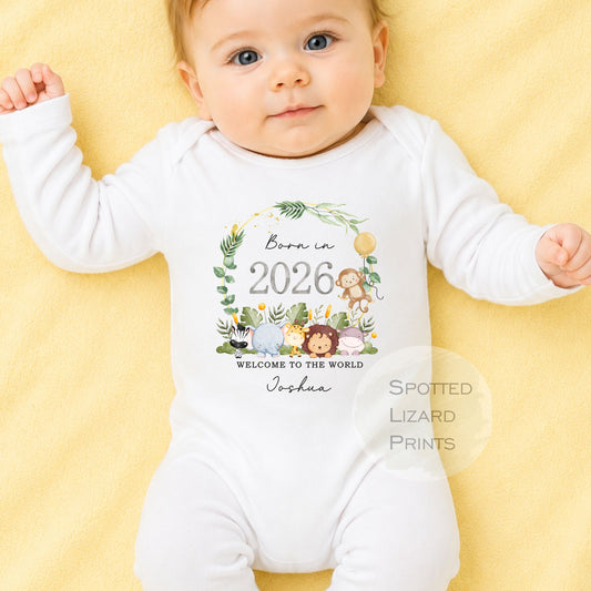 Personalised Born in 2026 Baby Outfit, Coming Home - New baby arrival outfit, Baby Shower Gift - Safari