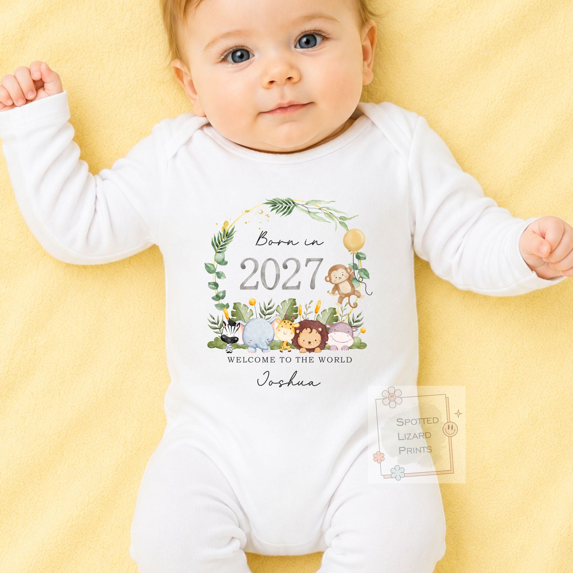Personalised Born in 2027 Baby Outfit, Coming Home - New baby arrival outfit, Baby Shower Gift - Safari