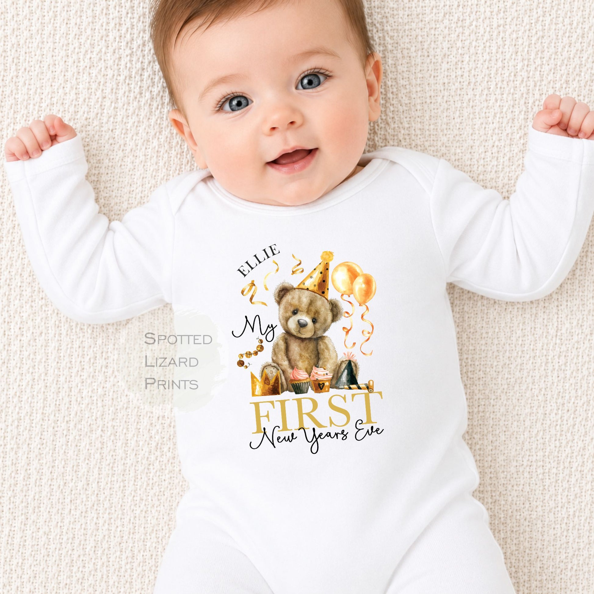 Personalised First New Years Eve Baby Outfit- My First New Years Eve Sleepsuit - 1st New Year Teddy
