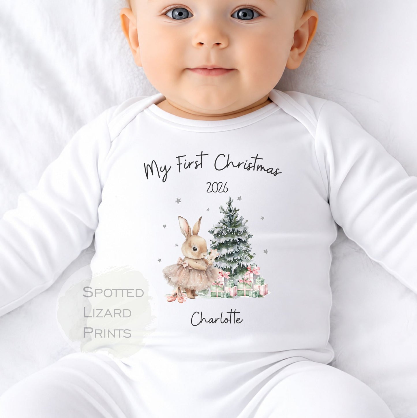 Personalised First Christmas Baby Outfit- My First Christmas Sleepsuit or Vest - 1st Xmas Bunny in Tutu