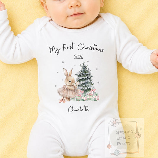 Personalised First Christmas Baby Outfit- My First Christmas Sleepsuit or Vest - 1st Xmas Bunny in Tutu