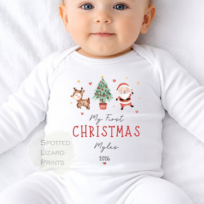 Personalised First Christmas Baby Outfit- My First Christmas Sleepsuit or Vest - 1st Xmas Cute Santa, First Christmas Pyjamas