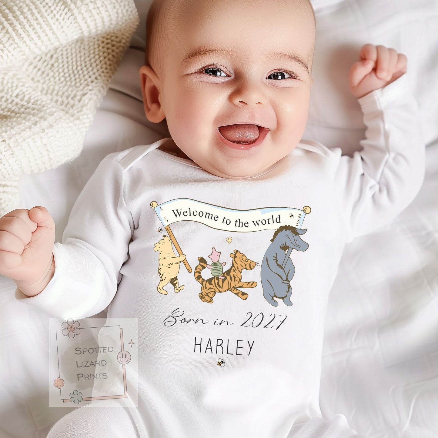 Personalised Winnie the Pooh Baby Bodysuit | Born in 2027 Baby Outfit | New Baby Gift | Custom Baby Name Sleepsuit | Welcome to the World
