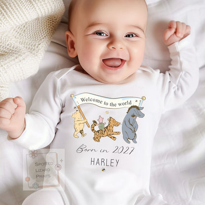 Personalised Winnie the Pooh Baby Bodysuit | Born in 2027 Baby Outfit | New Baby Gift | Custom Baby Name Sleepsuit | Welcome to the World