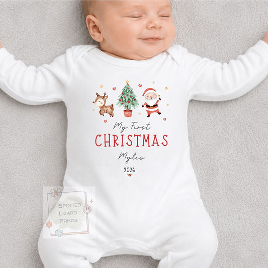 Personalised First Christmas Baby Outfit- My First Christmas Sleepsuit or Vest - 1st Xmas Cute Santa, First Christmas Pyjamas