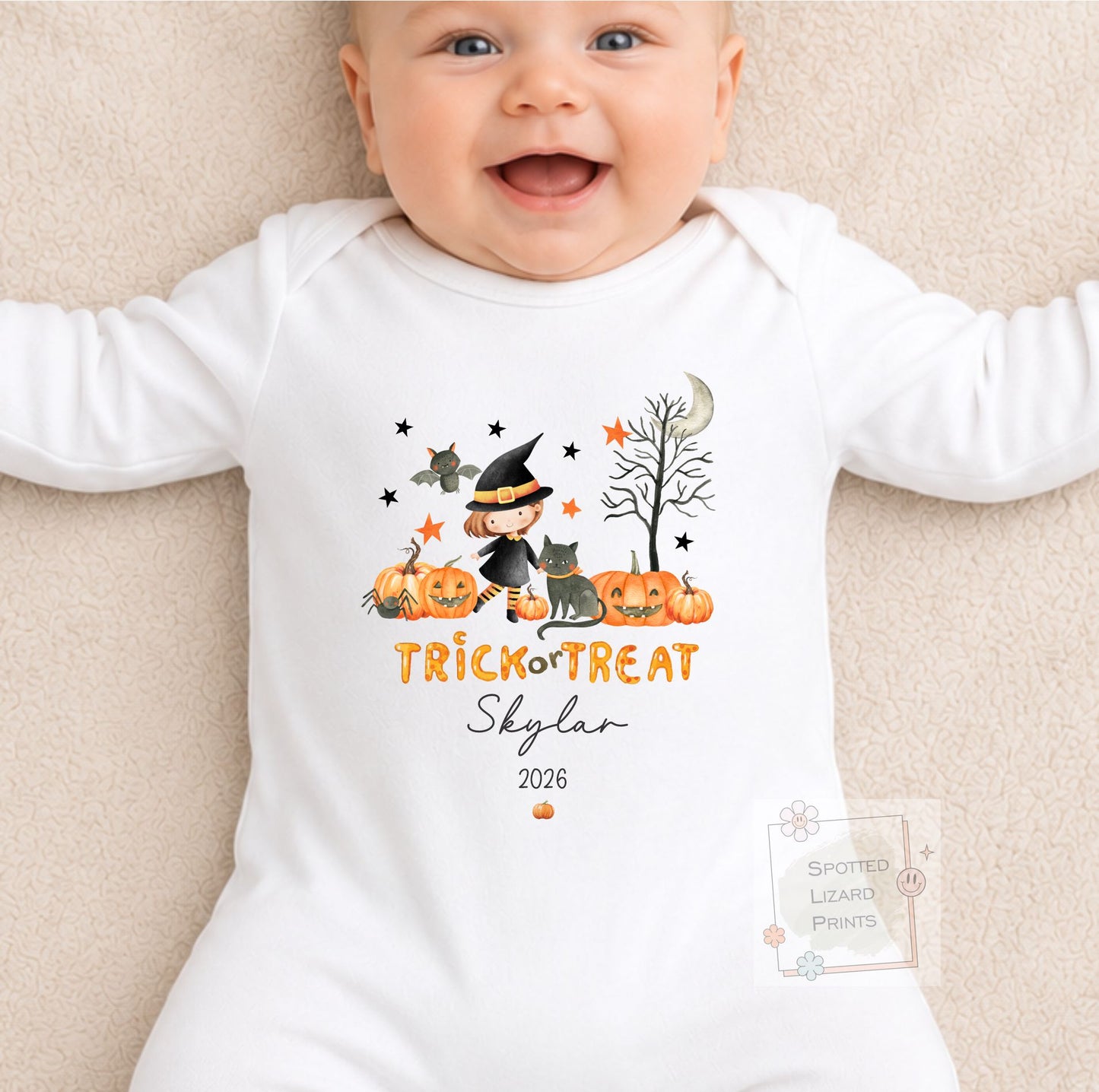 Personalised First Halloween Baby Outfit | My 1st Halloween Sleepsuit, Vest or T-shirt - Halloween Witch Trick or Treat