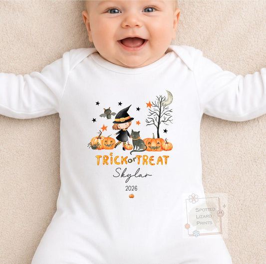 Personalised First Halloween Baby Outfit | My 1st Halloween Sleepsuit, Vest or T-shirt - Halloween Witch Trick or Treat
