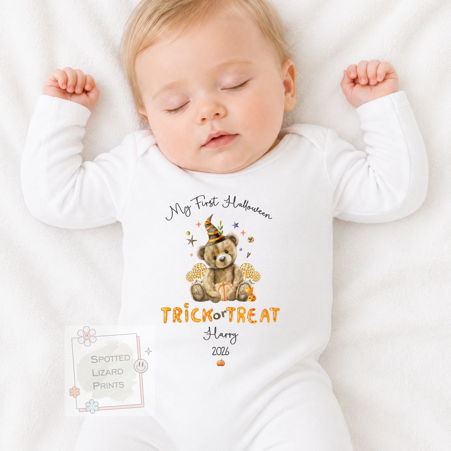 Personalised First Halloween Baby Outfit | My 1st Halloween Sleepsuit, Vest or T-shirt - Halloween Teddy Trick or Treat