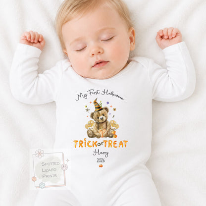 Personalised First Halloween Baby Outfit | My 1st Halloween Sleepsuit, Vest or T-shirt - Halloween Teddy Trick or Treat