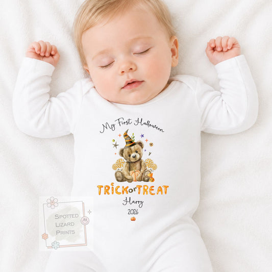 Personalised First Halloween Baby Outfit | My 1st Halloween Sleepsuit, Vest or T-shirt - Halloween Teddy Trick or Treat