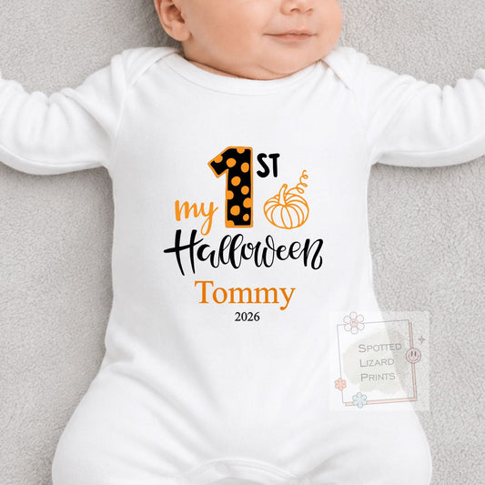 Personalised First Halloween Pumpkin Baby Outfit Baby Halloween Costume Gift Personalised First Halloween Sleepsuit, Vest or T-shirt