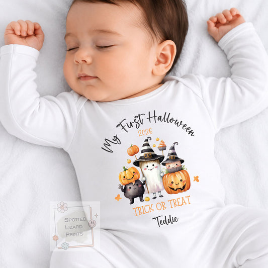 Personalised My First Halloween Baby Outfit Personalised First Halloween Sleepsuit, Vest or T-shirt - Trick or Treat