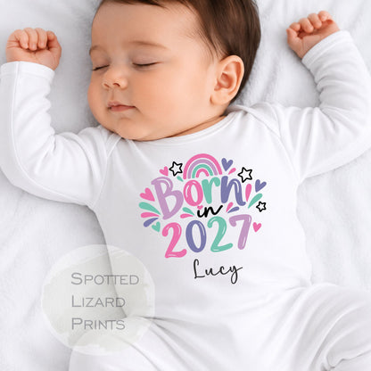 Personalised Born in 2027 Baby Vest, Sleepsuit or Bib | New Baby Gift | Custom Name Rainbow Baby Outfit | 2027 Baby Girl Gift