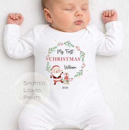 Personalised First Christmas Baby Outfit- My First Christmas Sleepsuit or Vest - 1st Xmas Cute Santa, First Christmas Pyjamas - Personalised Baby gifts