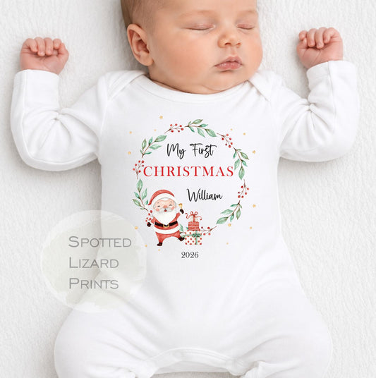 Personalised First Christmas Baby Outfit- My First Christmas Sleepsuit or Vest - 1st Xmas Cute Santa, First Christmas Pyjamas - Personalised Baby gifts