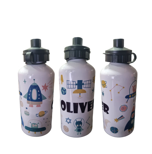 Personalised Water Bottle. Unique Hand printed Gift for Kids. Planets and Robots