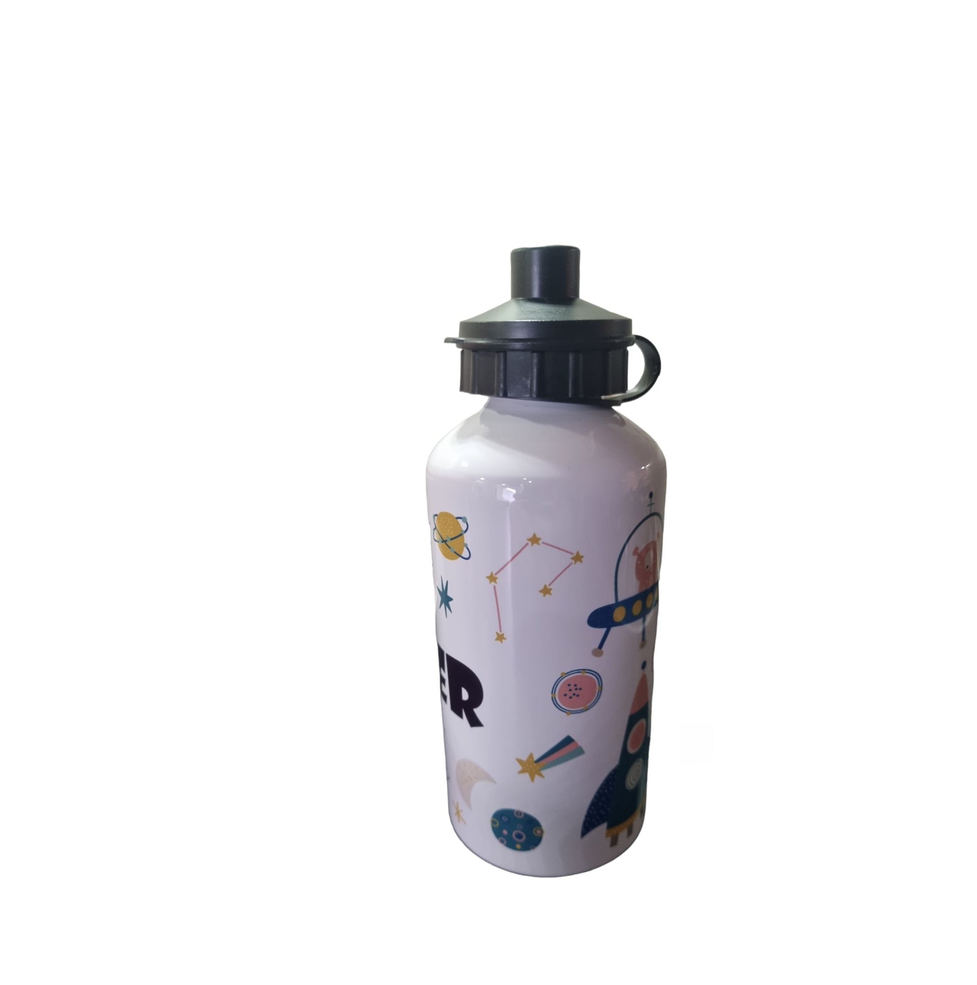 Personalised Water Bottle. Unique Hand printed Gift for Kids. Planets and Robots