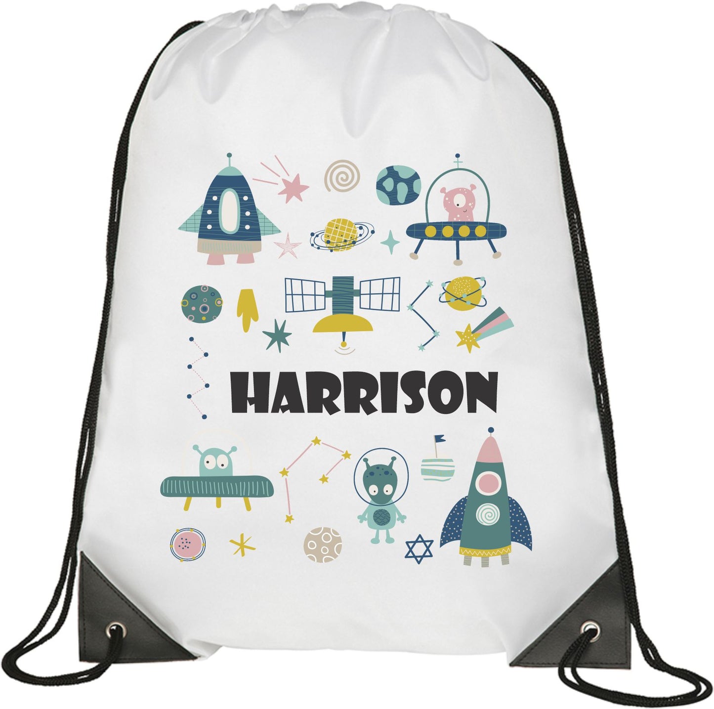 Personalised white Drawstring Bag. Unique Hand printed Gift for Kids. Robots