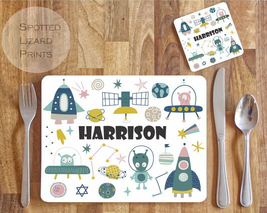 Personalised Space Placemat and Coaster Set, Kid's Dinner Set, Space gift, Children's Birthday Gift, Robots Alien Placemat