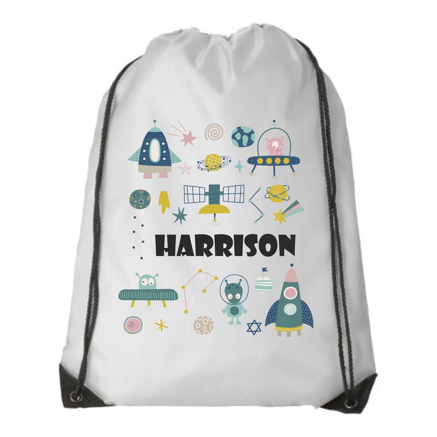 Personalised white Drawstring Bag. Unique Hand printed Gift for Kids. Robots