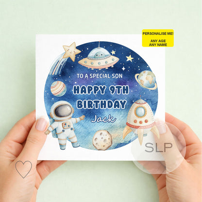 Space Birthday Card – Personalised Any Age and Name – Astronaut & Rocket Card – Boys Birthday Card