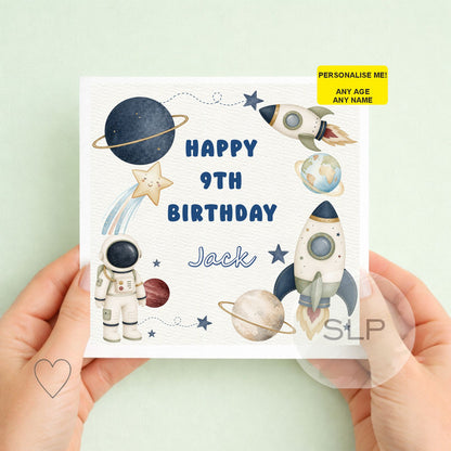 Space Birthday Card – Personalised Any Age and Name – Astronaut & Rocket Card – Boys Birthday Card