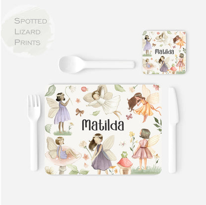 Personalised Spring Fairies Placemat and Coaster Set, Kid's Dinner Set, Fairies gift, Children's Birthday Gift, Fairies Placemat