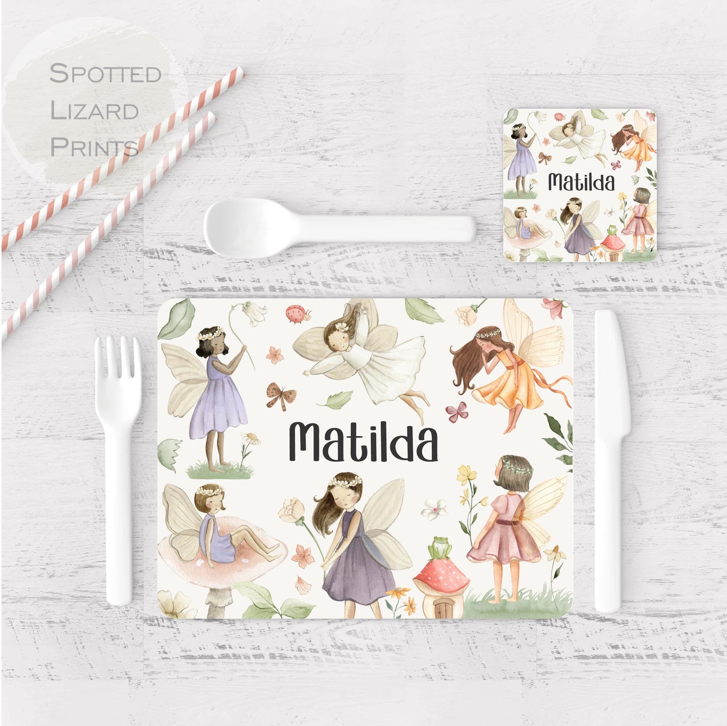 Personalised Spring Fairies Placemat and Coaster Set, Kid's Dinner Set, Fairies gift, Children's Birthday Gift, Fairies Placemat