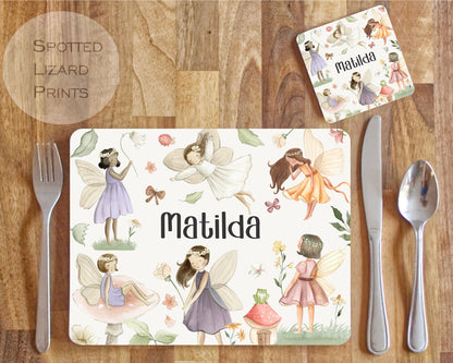 Personalised Spring Fairies Placemat and Coaster Set, Kid's Dinner Set, Fairies gift, Children's Birthday Gift, Fairies Placemat