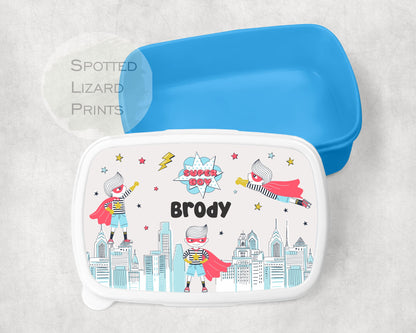 Blue Boys lunch Box. super hero. Personalised with a name.