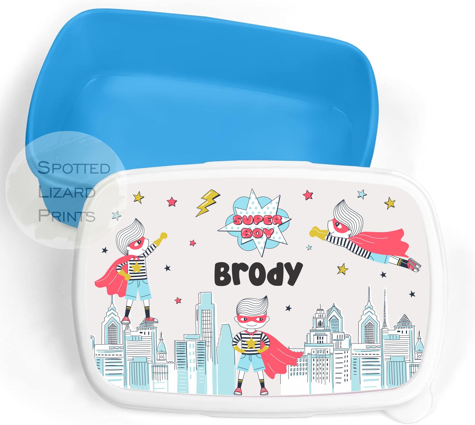 Blue Boys lunch Box. super hero. Personalised with a name.