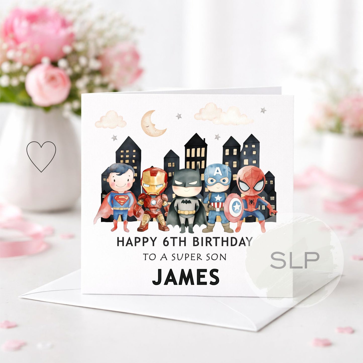 Personalised superhero birthday card with custom name, age and relationship. A fun birthday card for sons, grandsons, nephews and superhero fans.