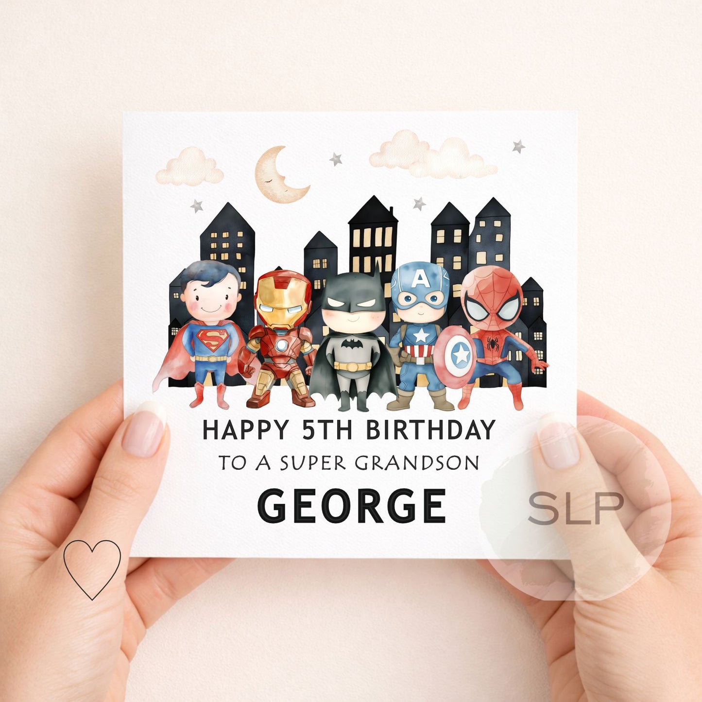Personalised superhero birthday card with custom name, age and relationship. A fun birthday card for sons, grandsons, nephews and superhero fans.
